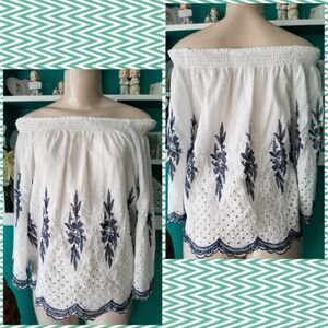 Vivid Importers of NY Embroidered Off Shoulder BOHO Peasant Top WHITE Sz M